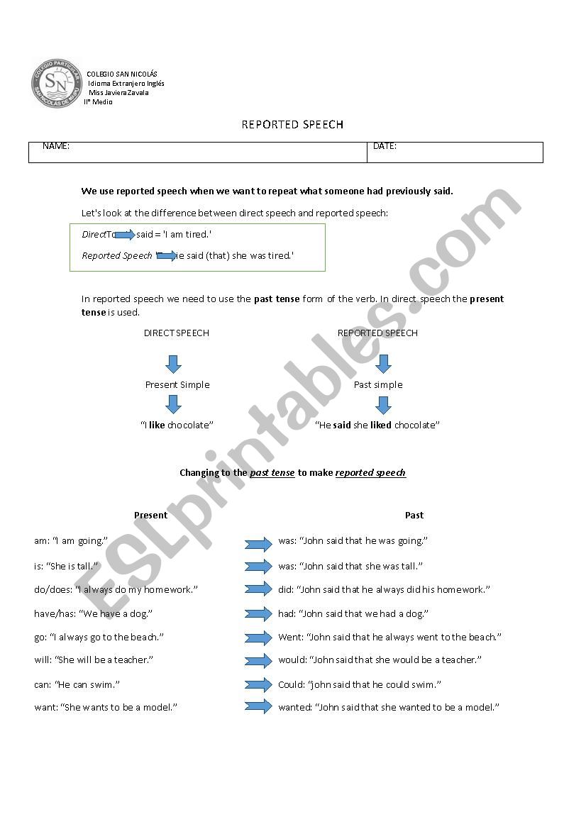 reported speech worksheet