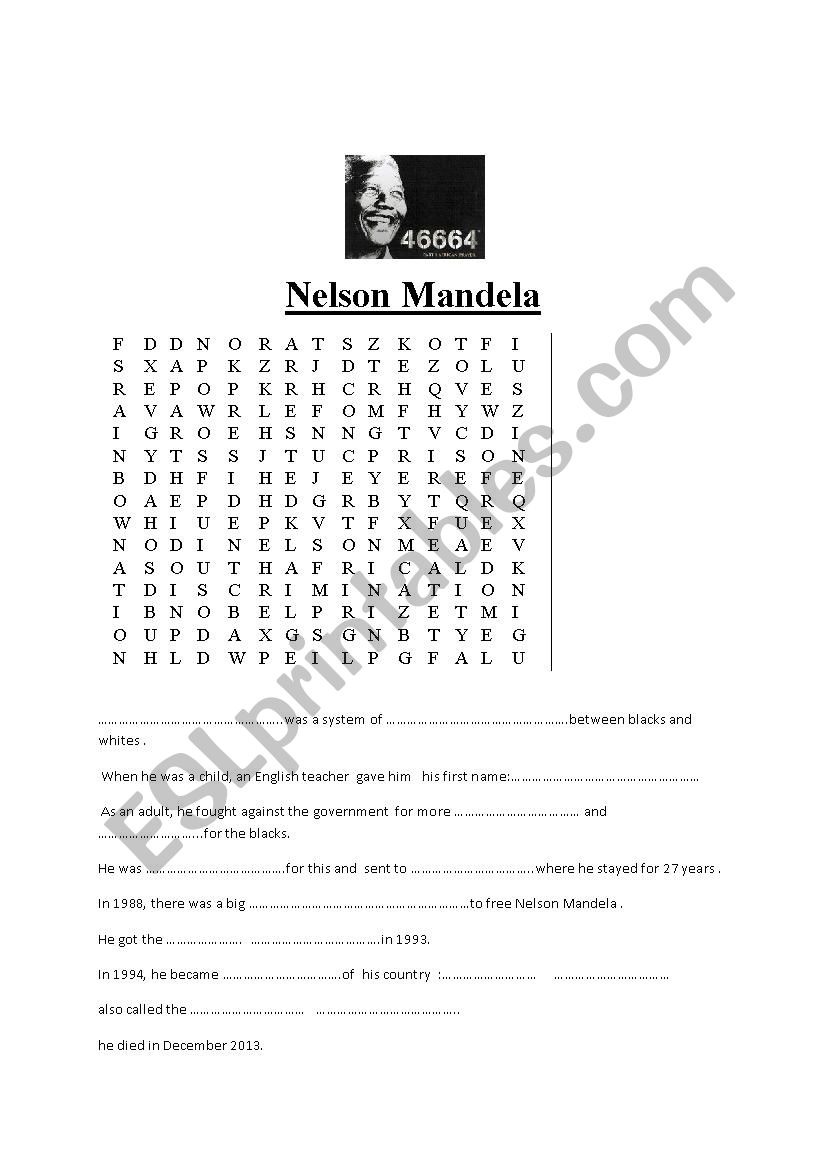 Nelson Mandela wordsearch worksheet