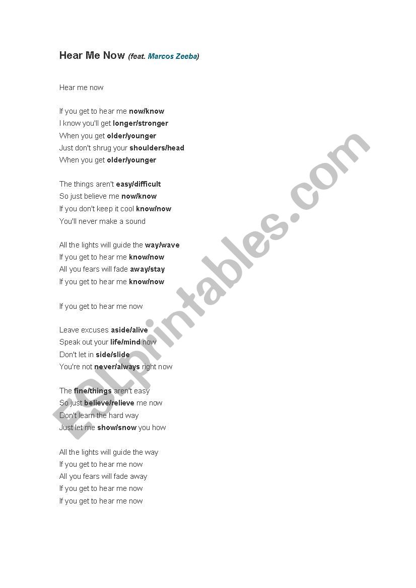 Hear me now song worksheet