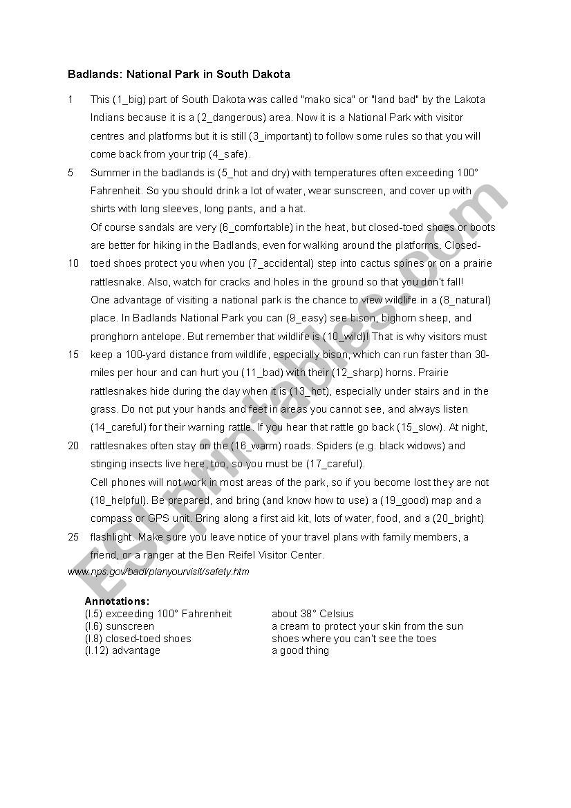 Badlands National Park worksheet