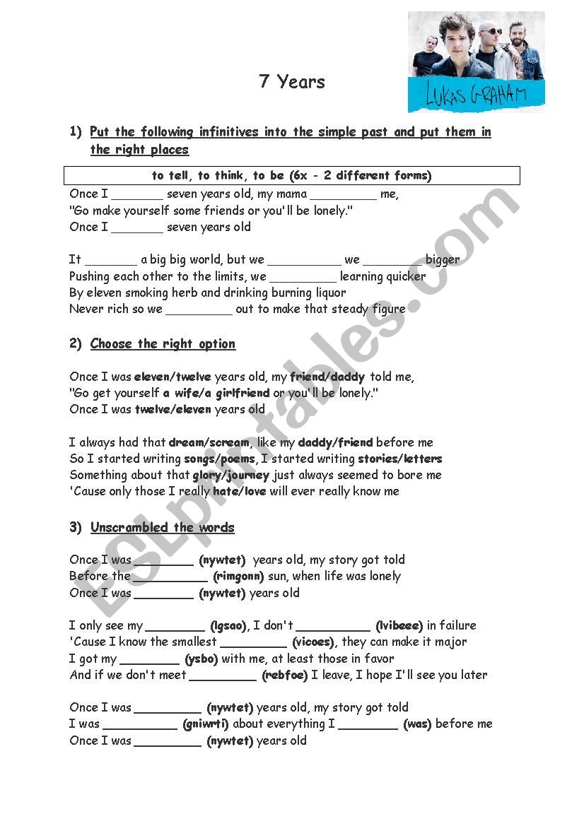 Seven years by Lukas Graham worksheet