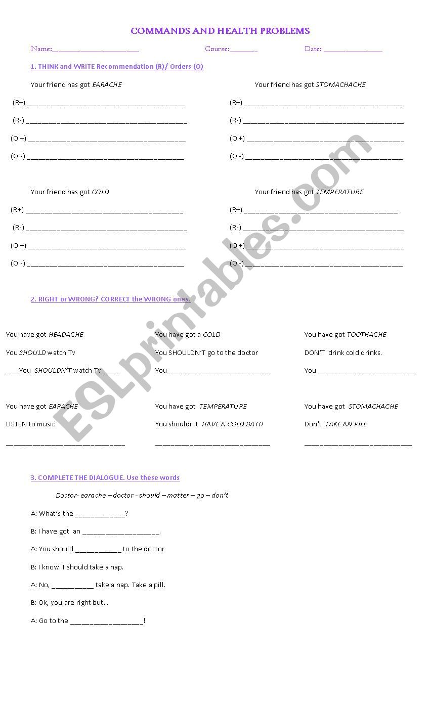 Health and commands  worksheet