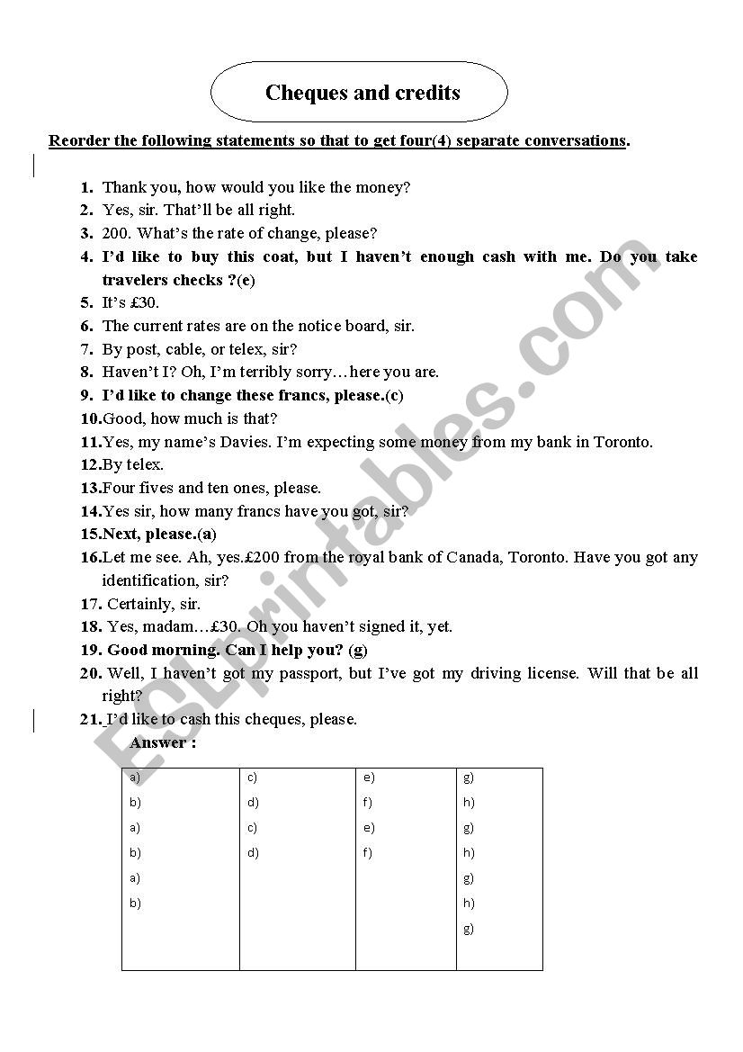 Cheques and credit worksheet