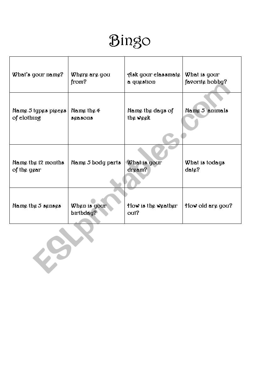 Bingo level 1 worksheet