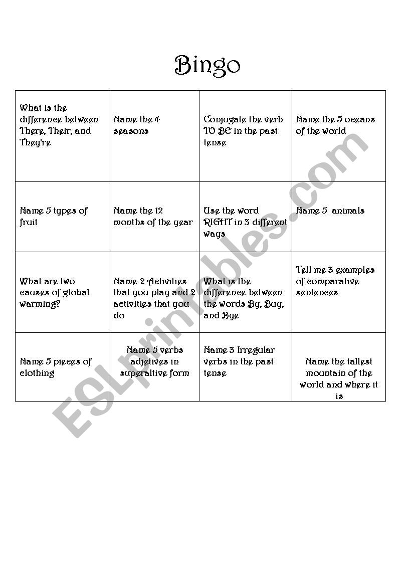 Bingo level 2 worksheet