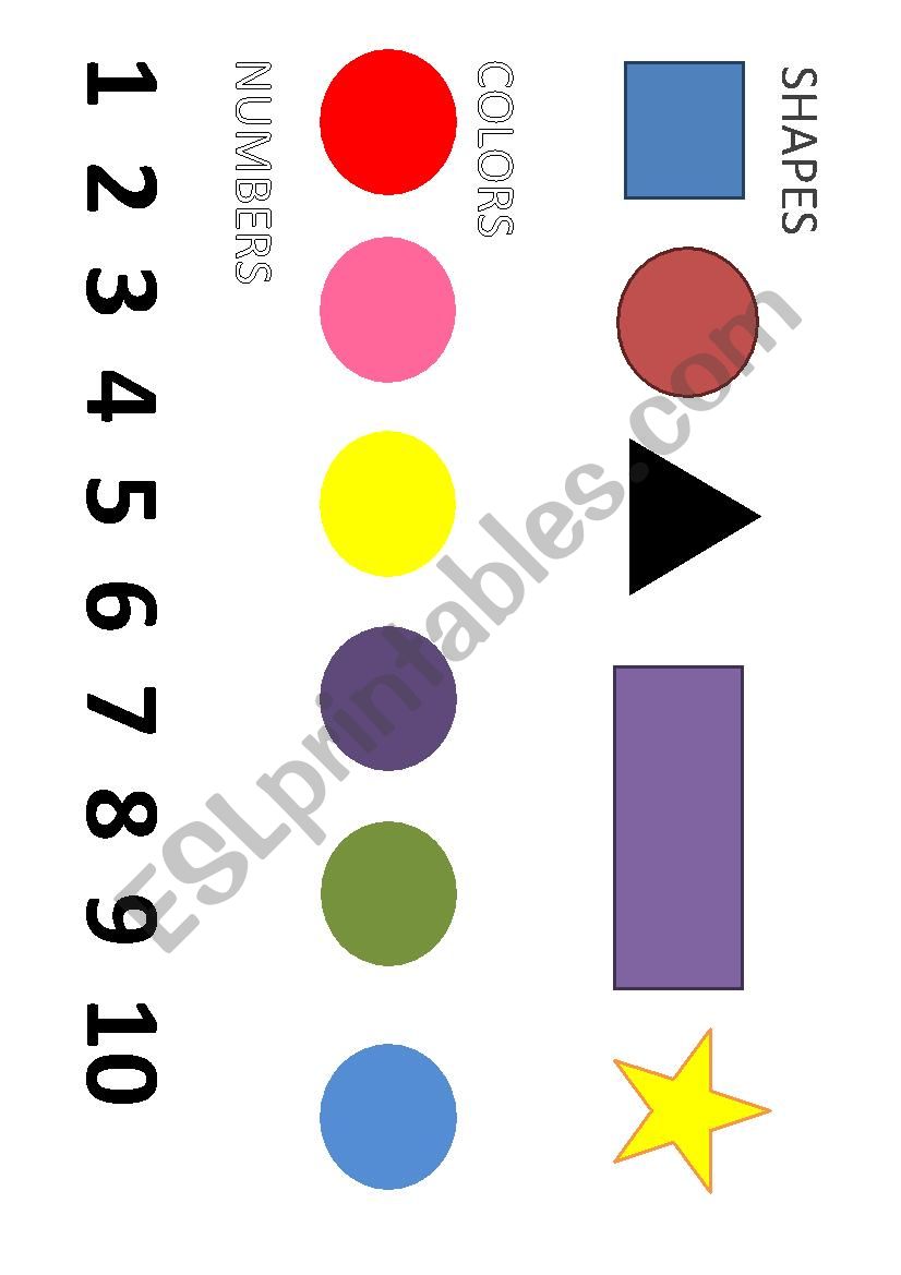 SHAPES, COLOURS, NUMBERS worksheet