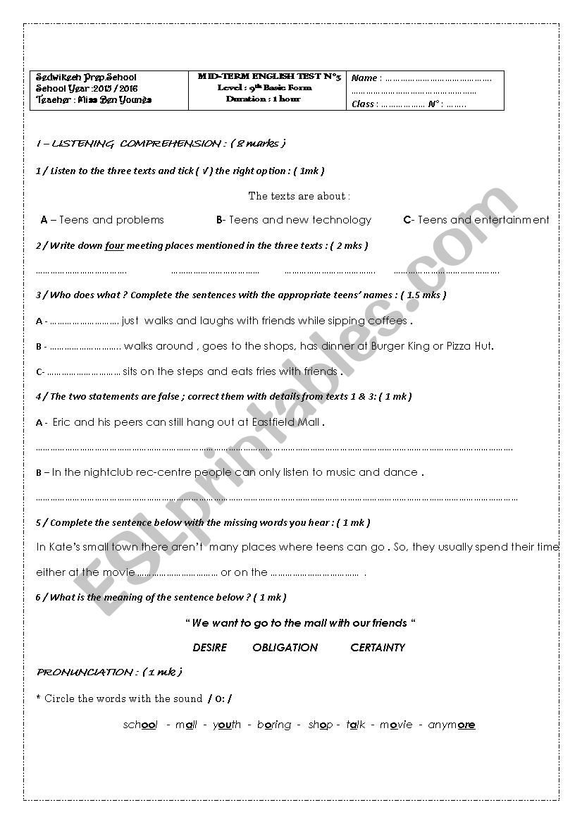 9th form test 2016 worksheet