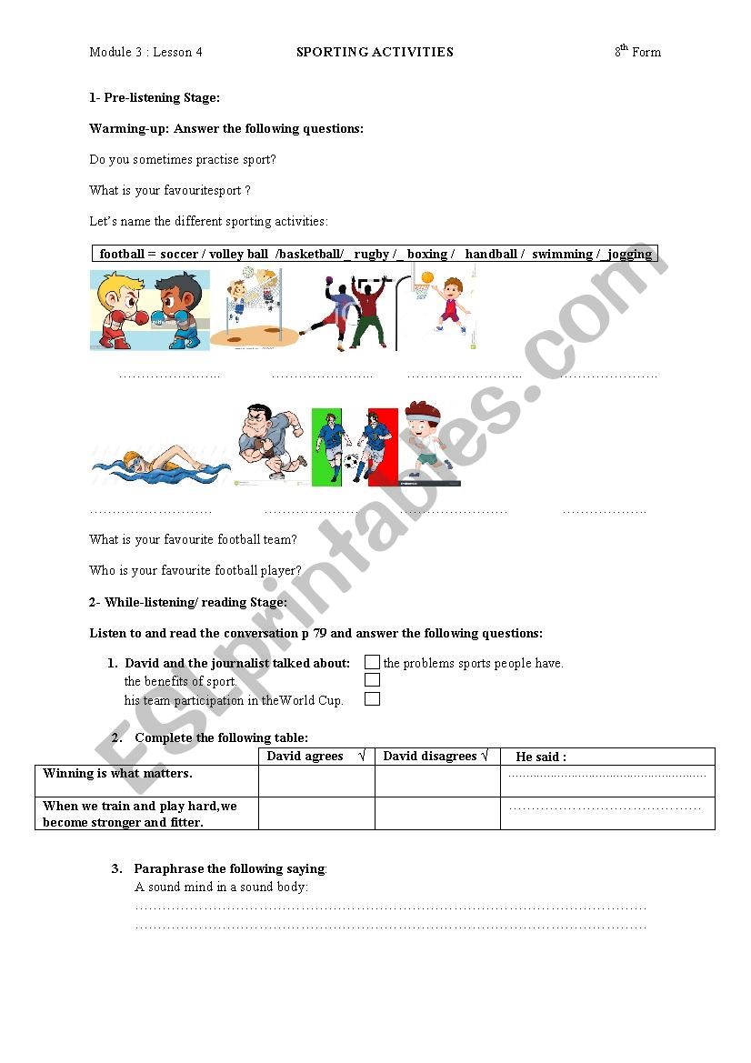 sporting activities worksheet worksheet