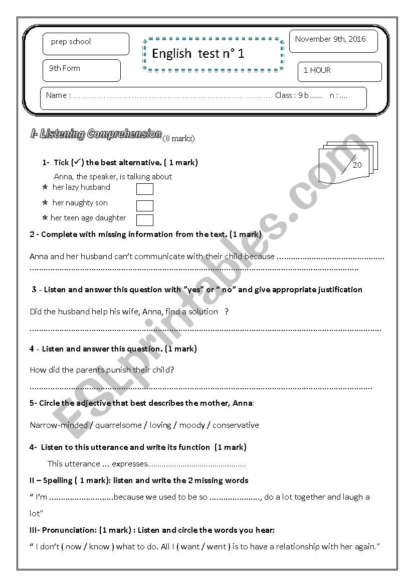 9TH FORM TEST worksheet