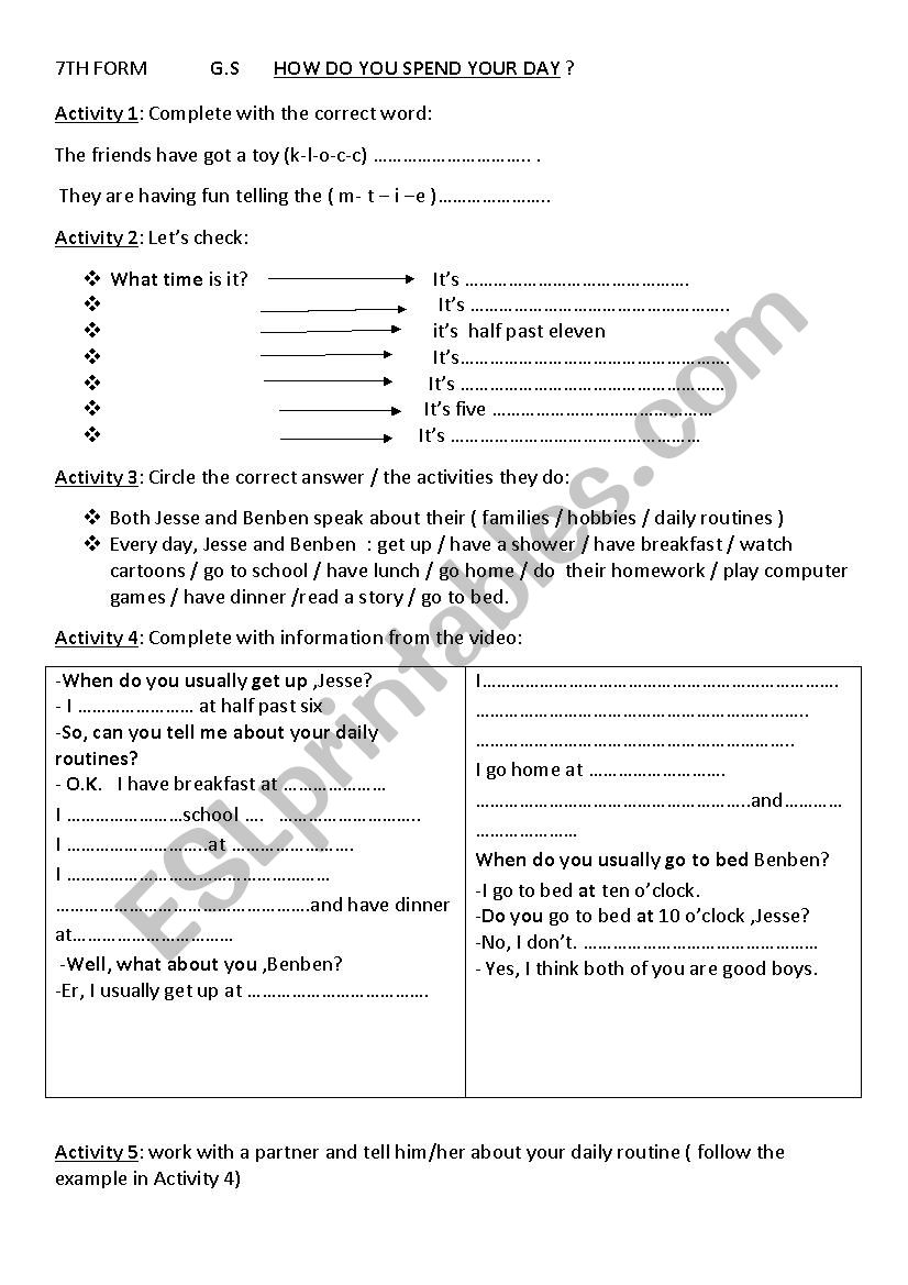 how do you spend your day? worksheet