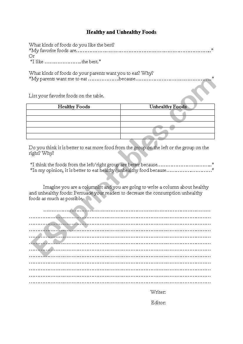 Healthy and Unhealthy Foods worksheet