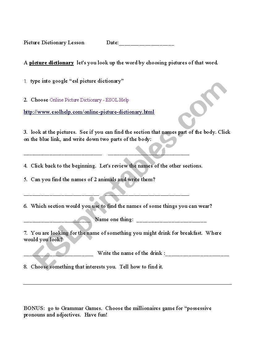 ESL Picture Dictionary worksheet