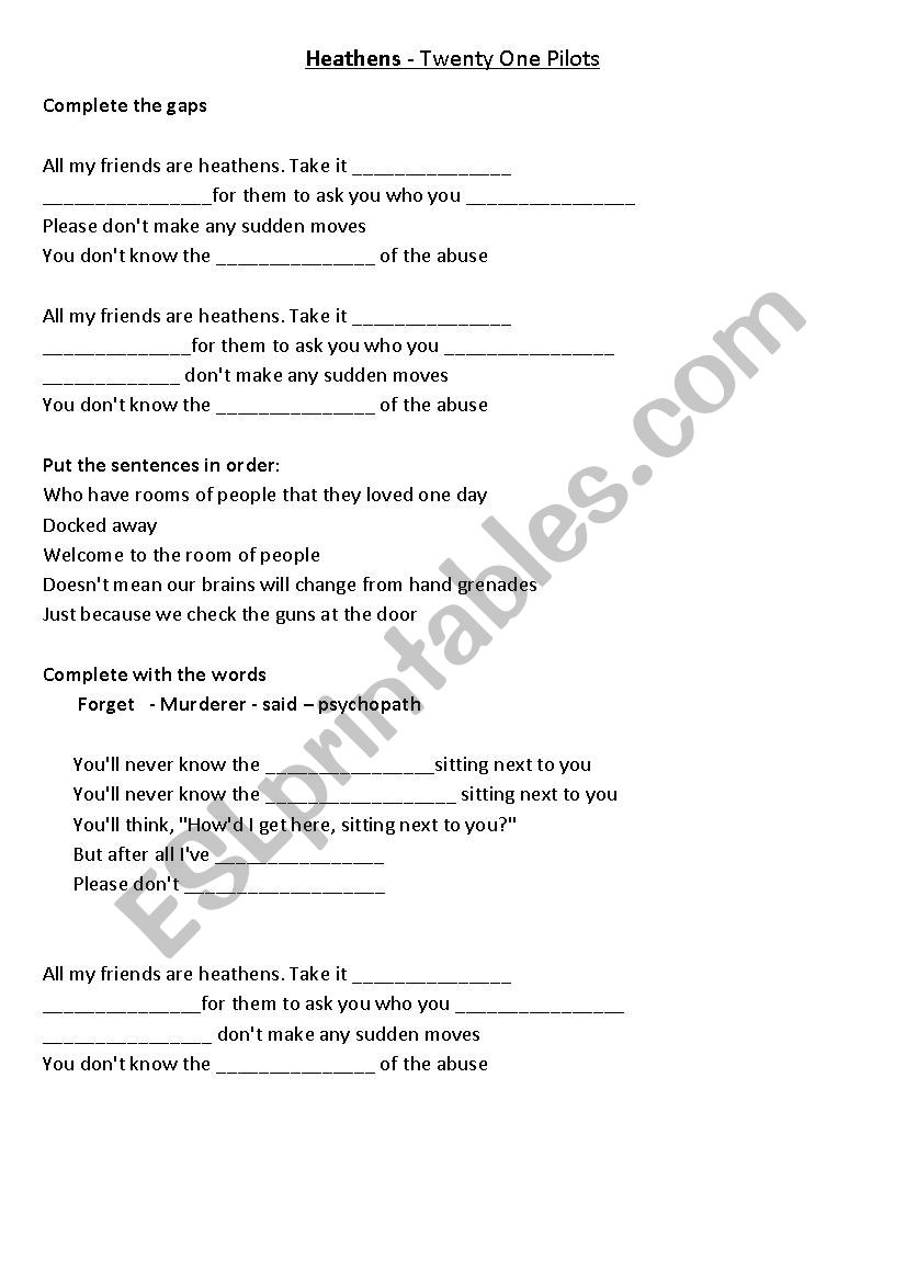 Heathens song activity worksheet