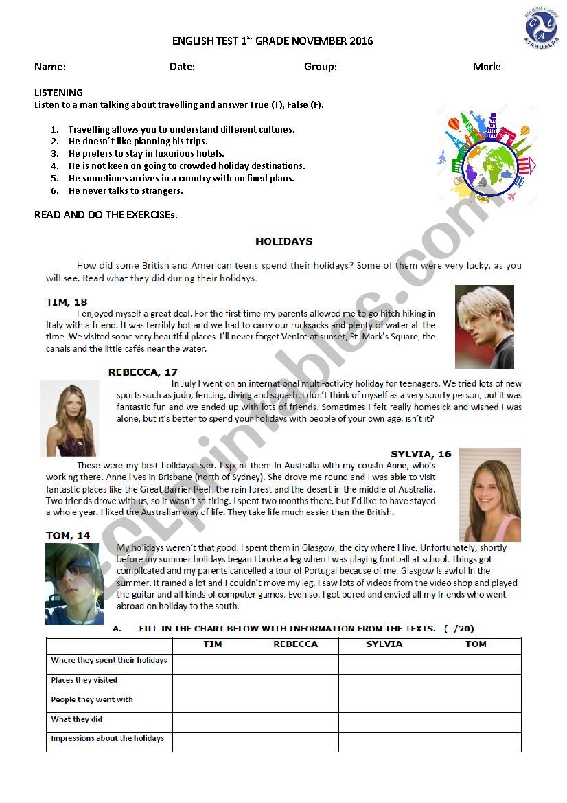 test for 1st form worksheet