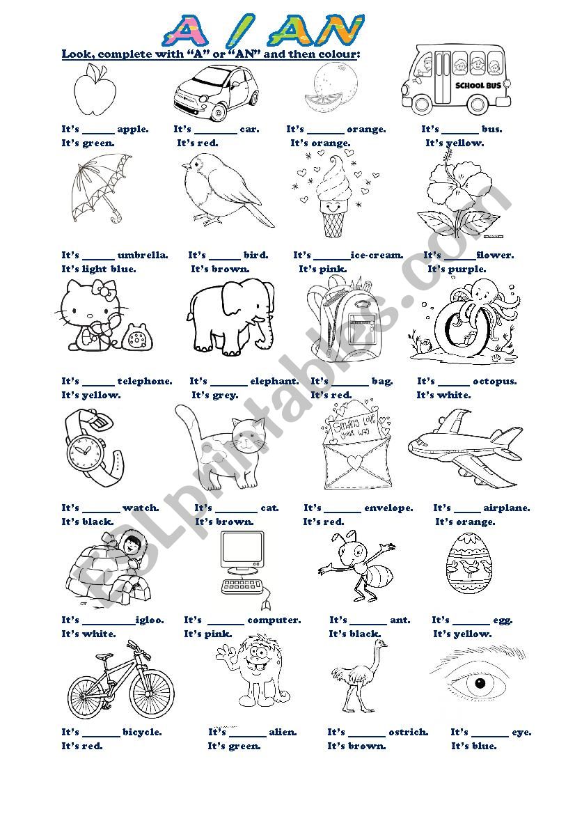 Indefinite articles A / AN worksheet