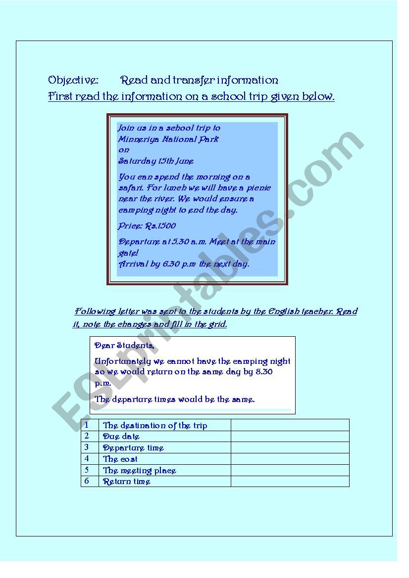 Transfer Information worksheet