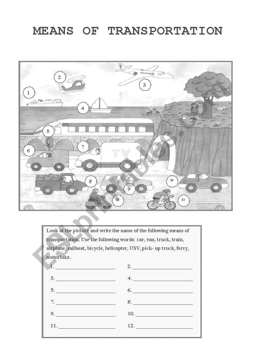 Means of transportation worksheet