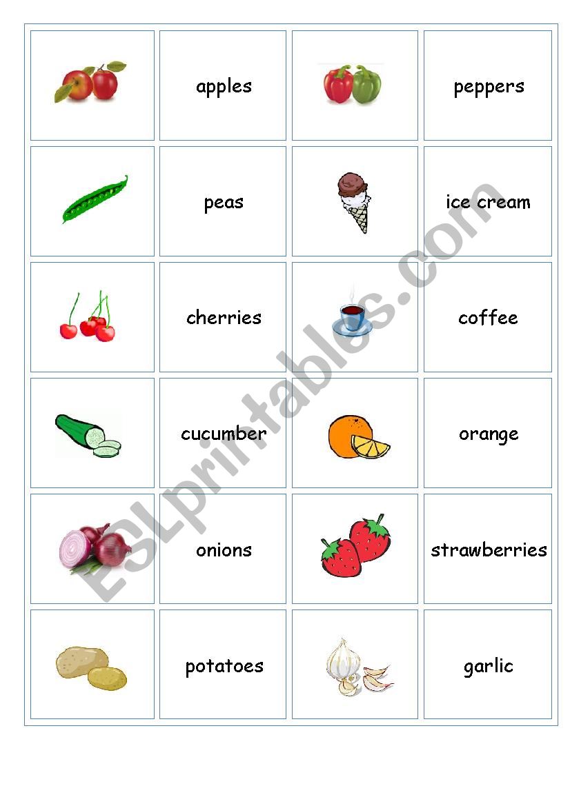 memory cards food 2 worksheet