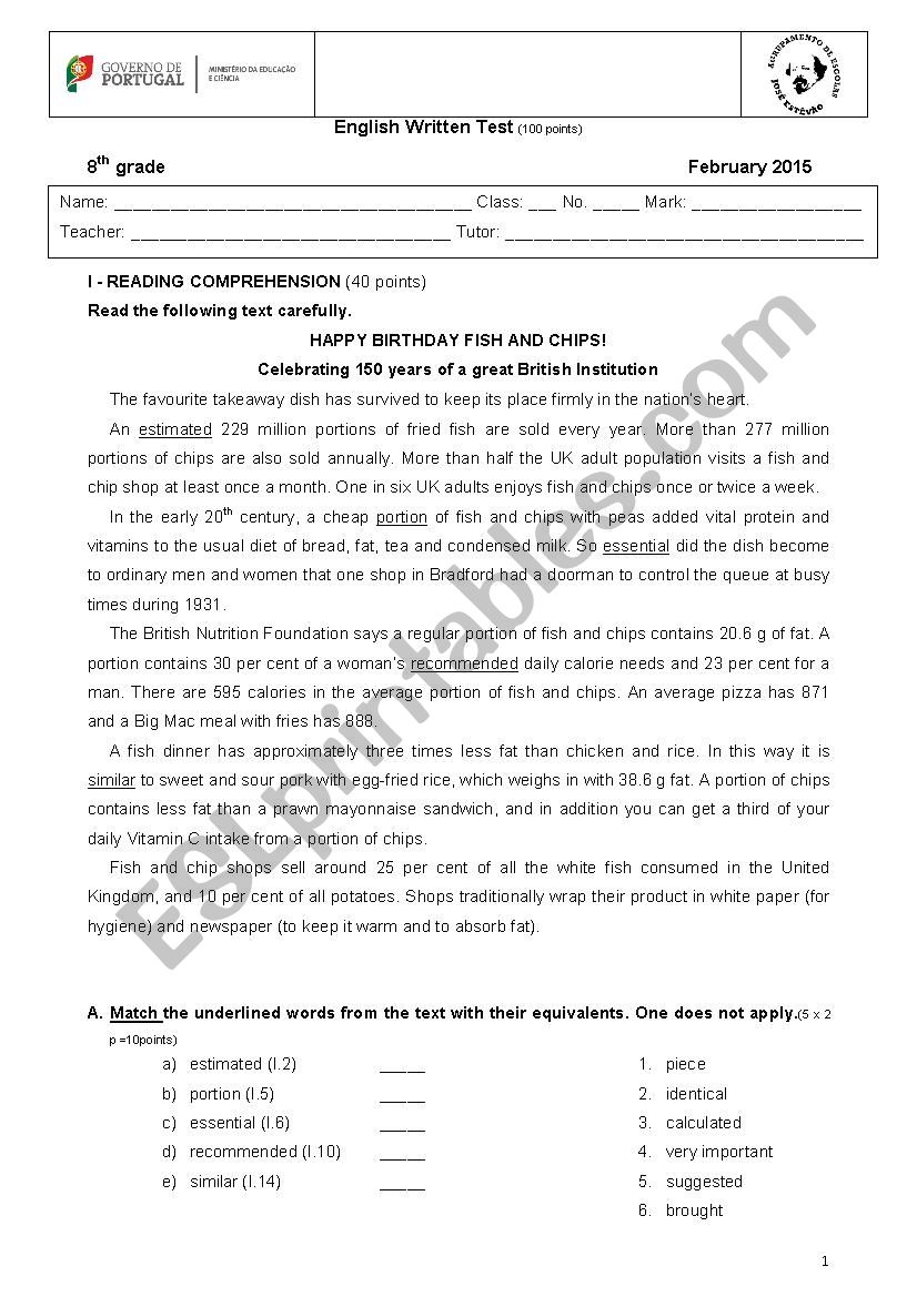 food worksheet