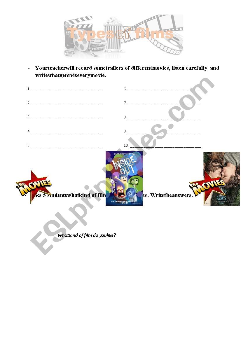 types of films worksheet