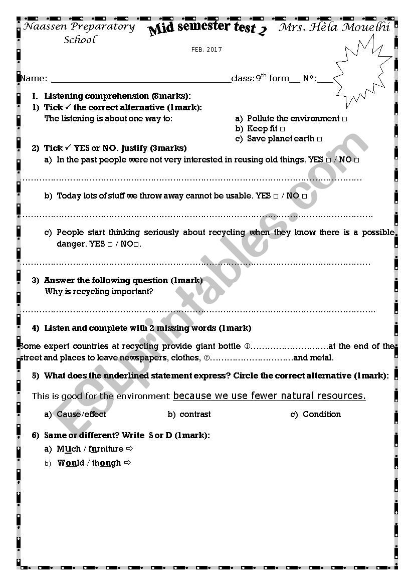 test for nineth formers worksheet