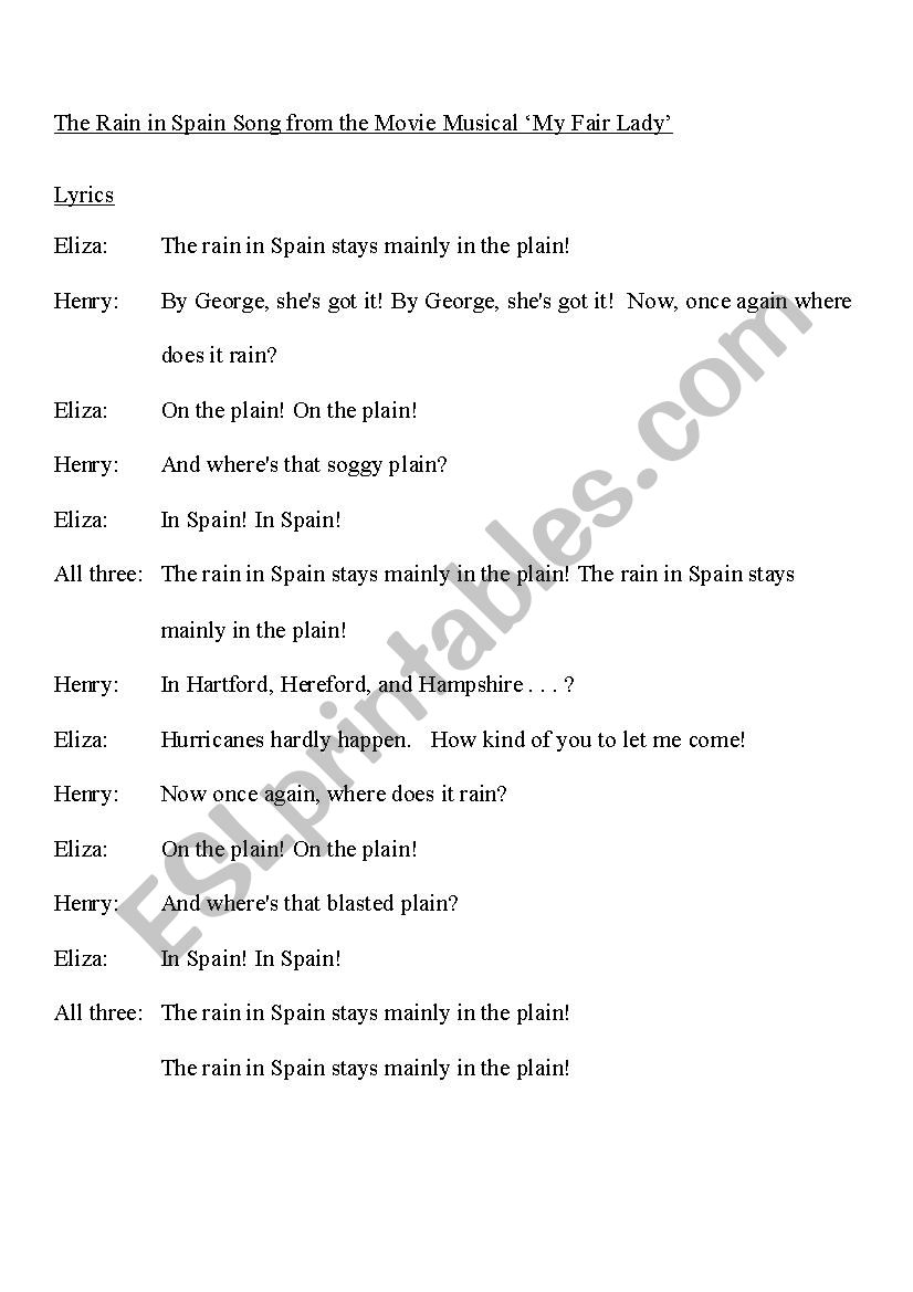 Rain in Spain Song Worksheet Gap Filler