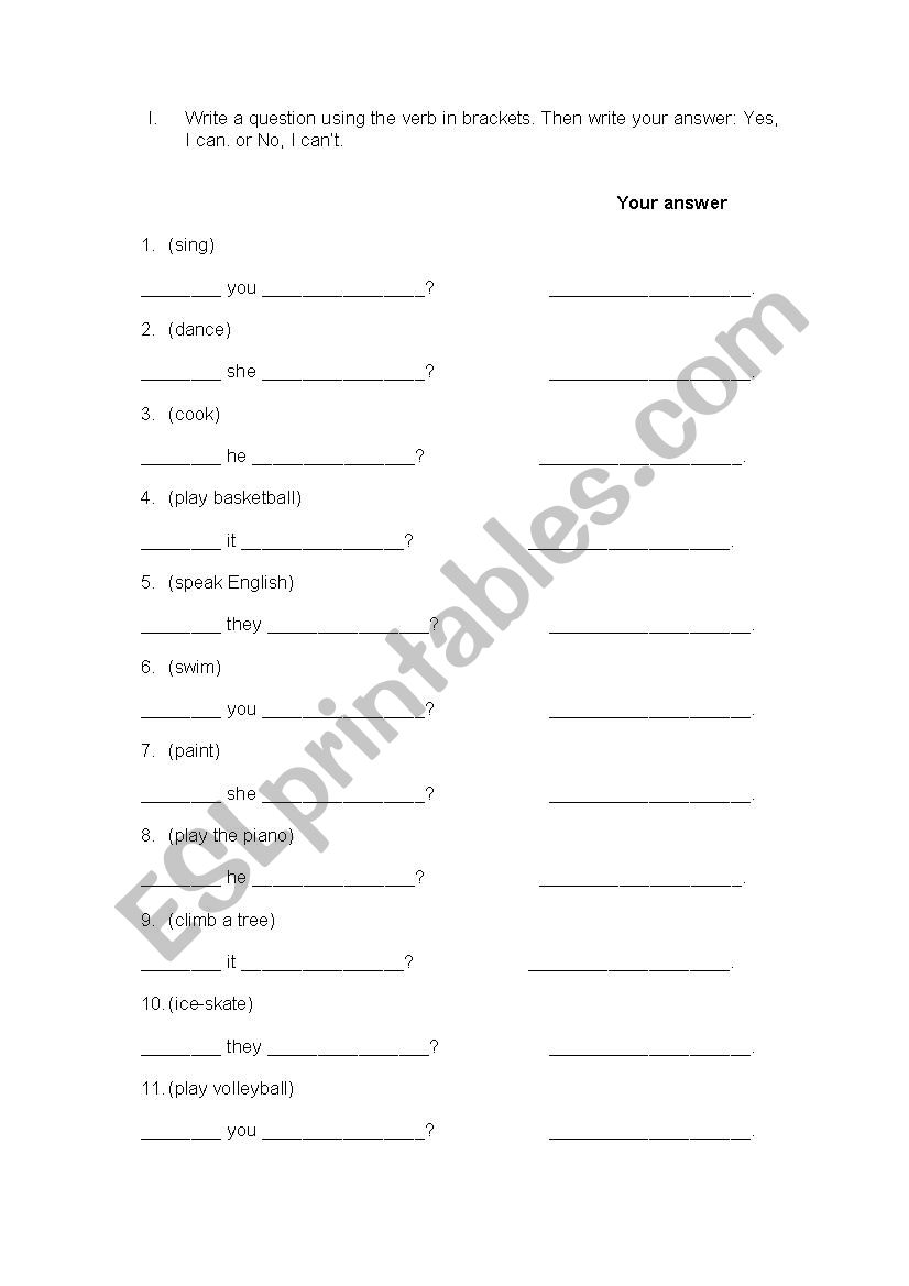 Can / Cant questionis worksheet