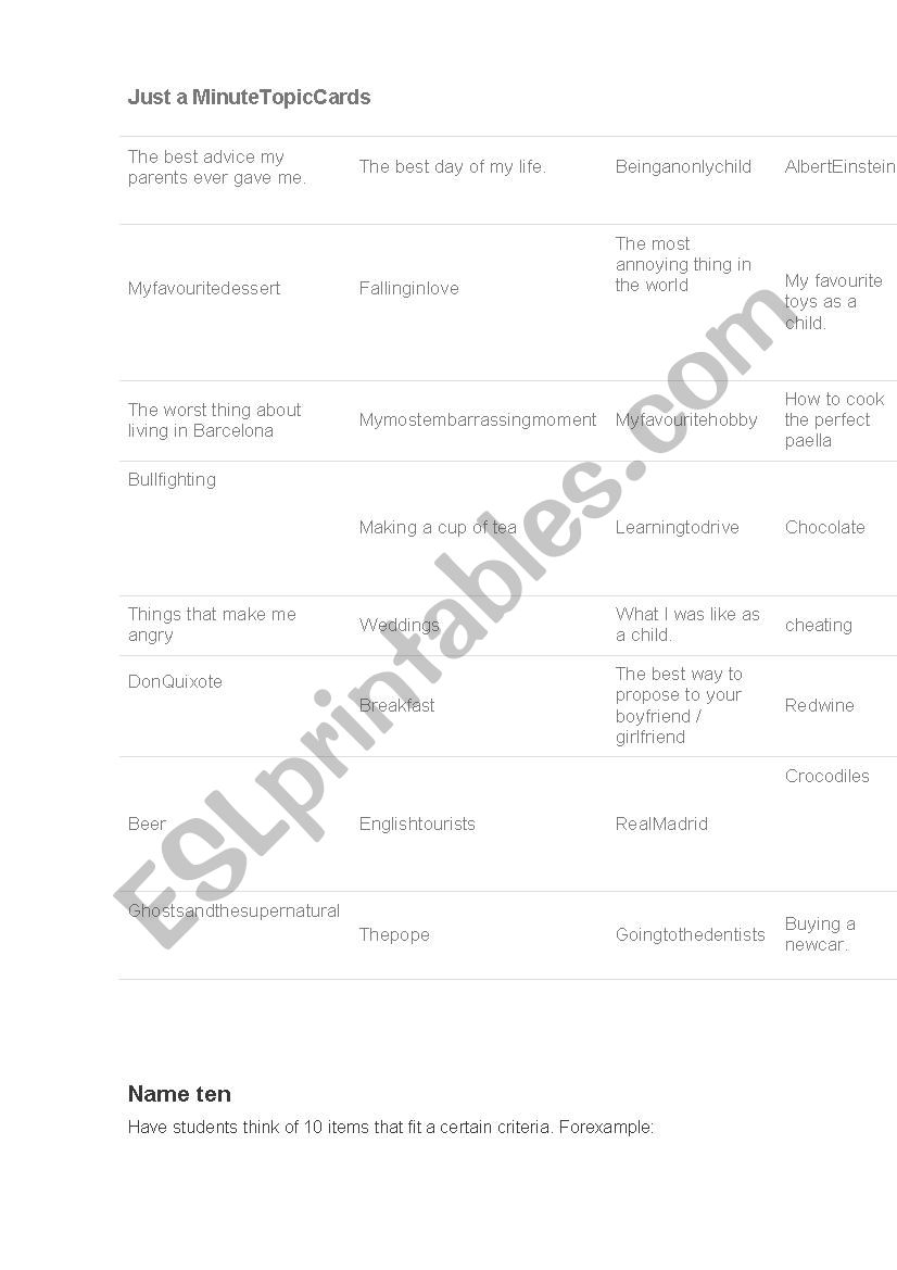 wait a minute topic cards worksheet