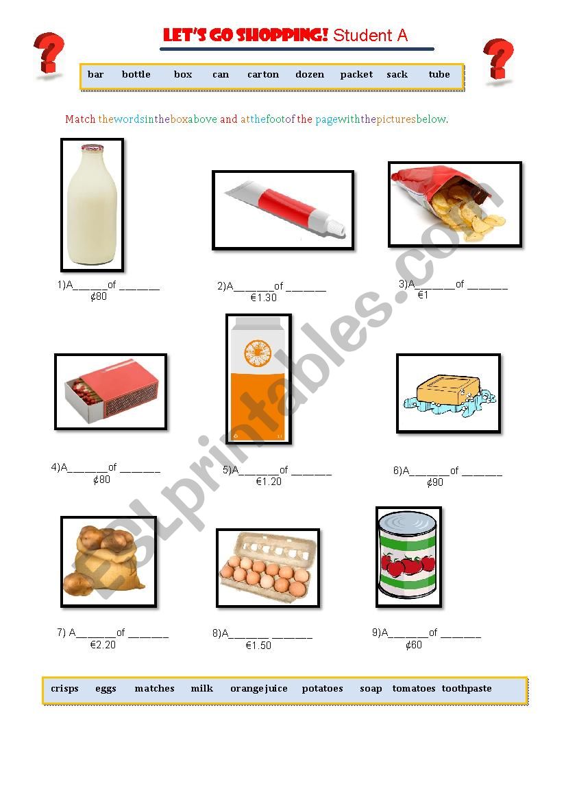 Let´s Go Shopping! - Picture matching - dice game - role-play - ESL ...