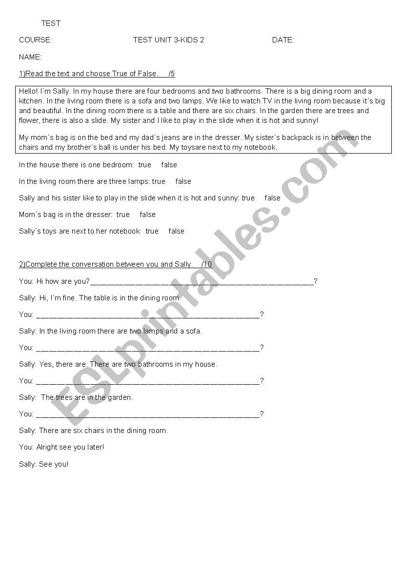 Test. Describing a house worksheet