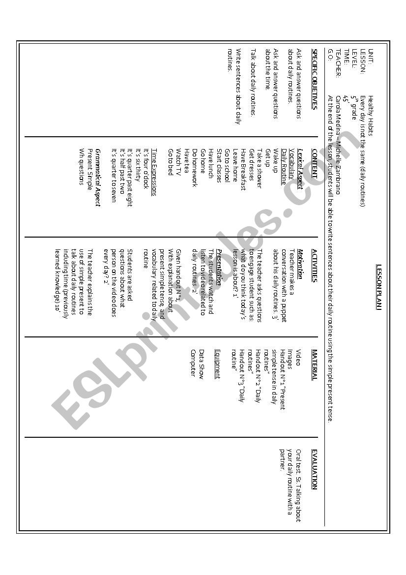 Daily Routine Lesson Plan worksheet