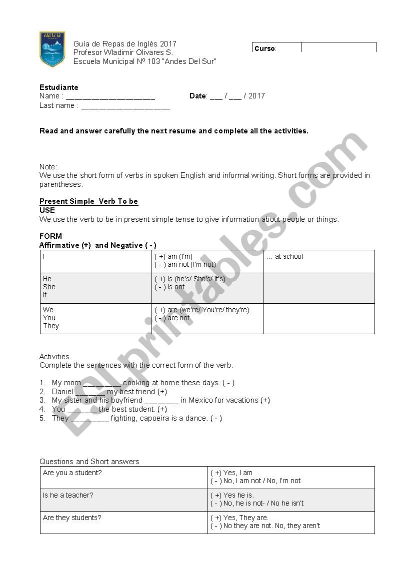 Grammar resume  7th grade  worksheet