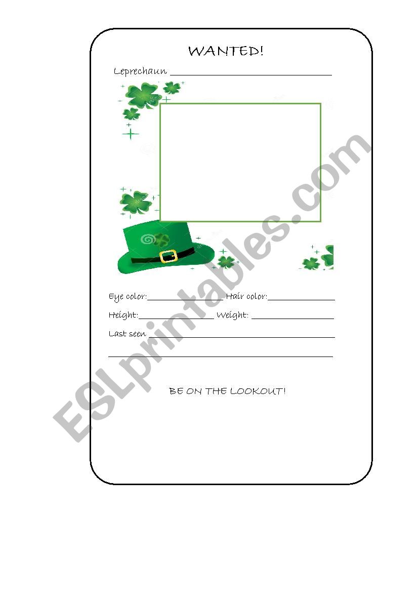 Leprechaun wanted worksheet