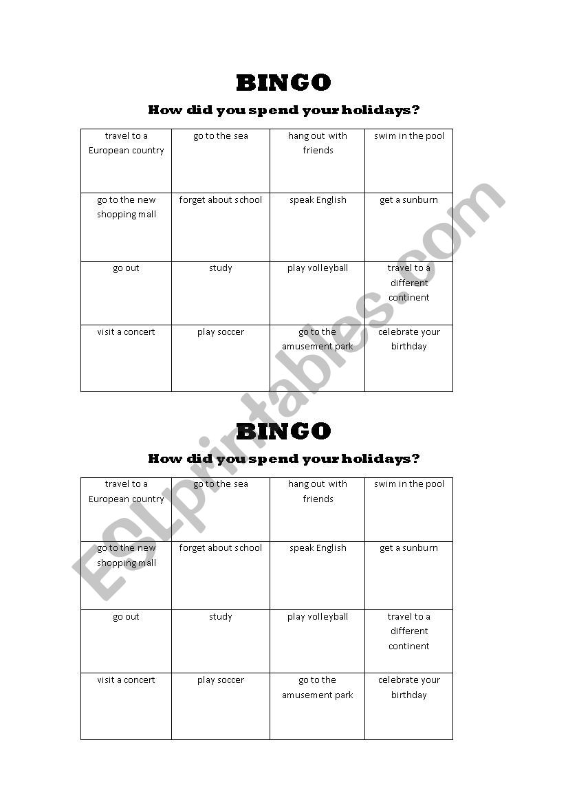 Bingo about holidays worksheet