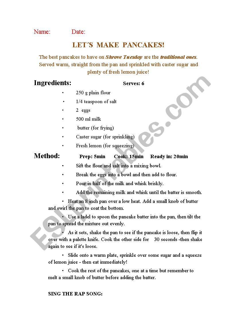 PANCAKES RECIPE worksheet