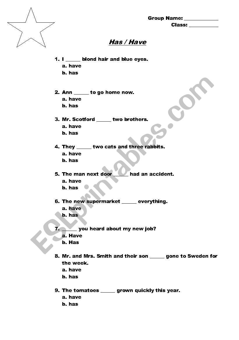 Has/Have Exercise worksheet