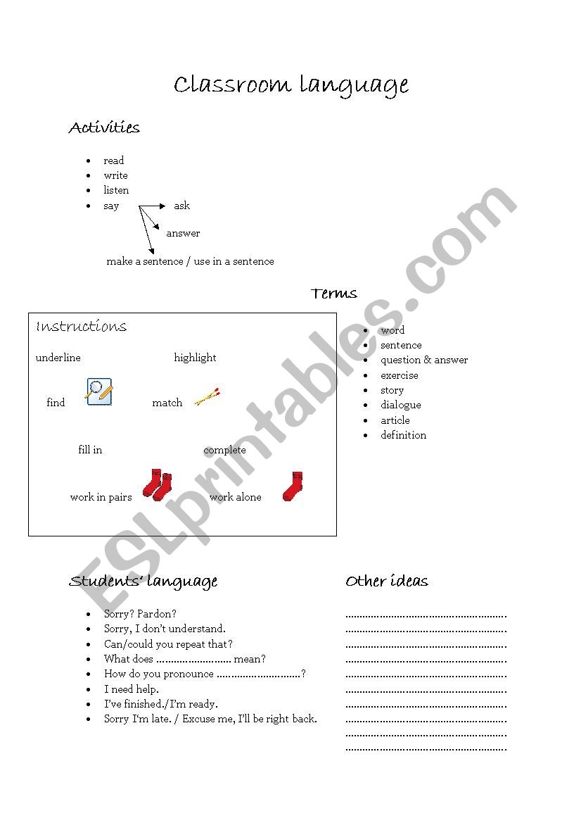 Classroom language worksheet