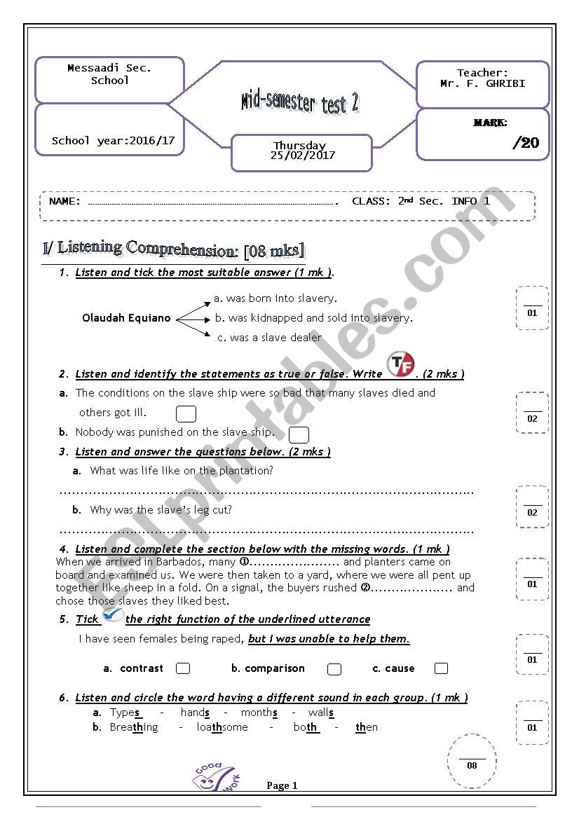 mid-semester test 2   / 2nd sec.(Tunisia)