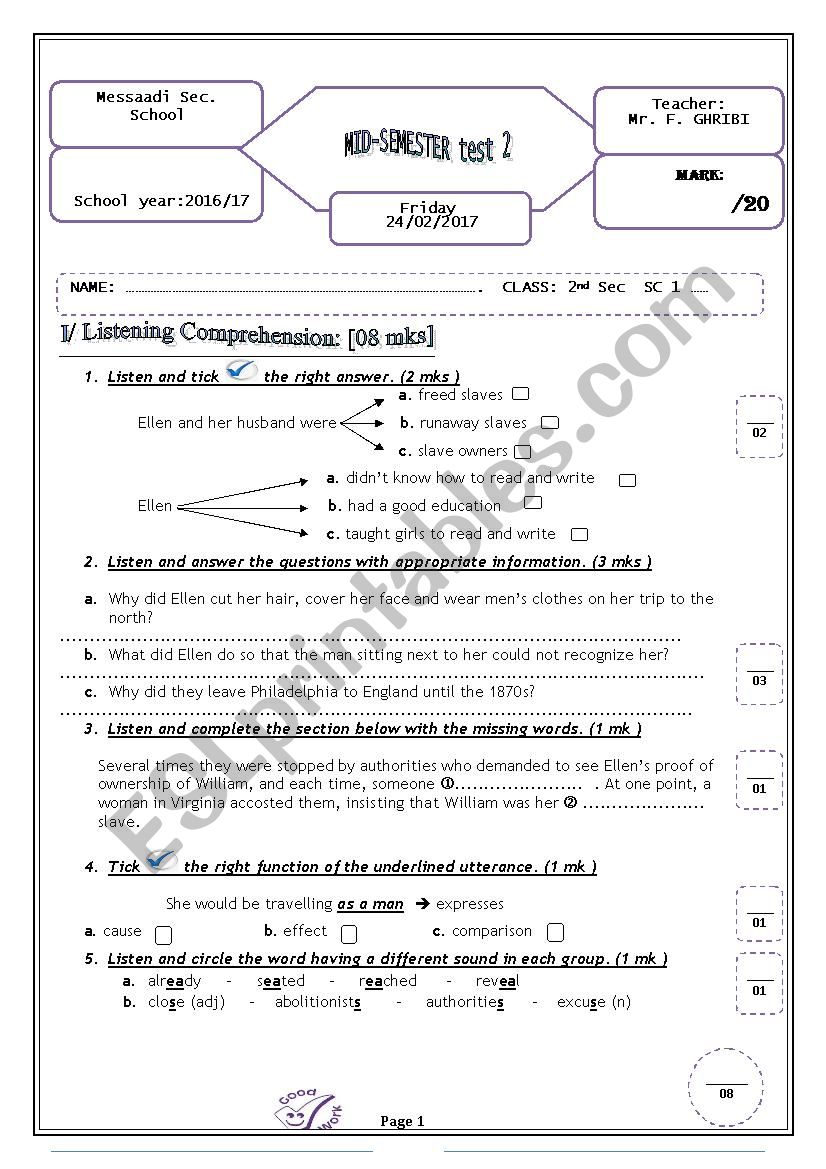 mid-semester test 2   / 2nd sec.(Tunisia)