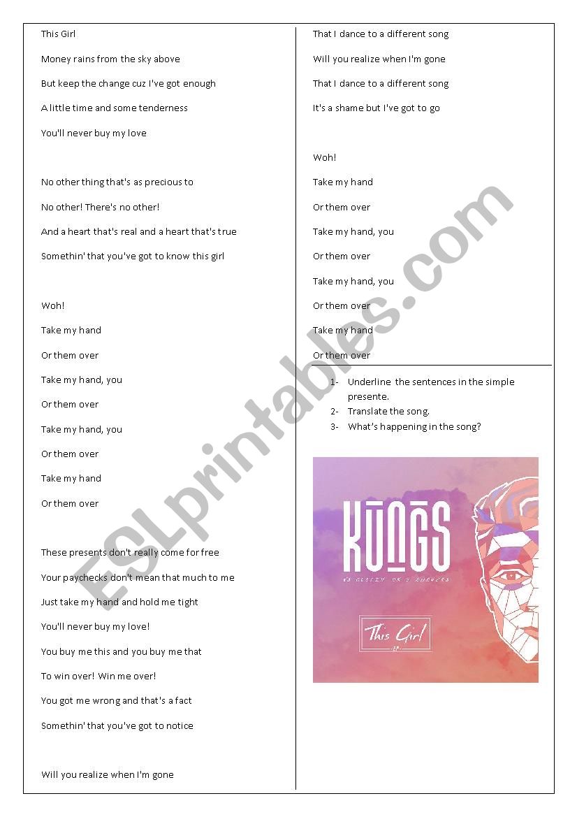 This Girl - Kungs & Cookin worksheet