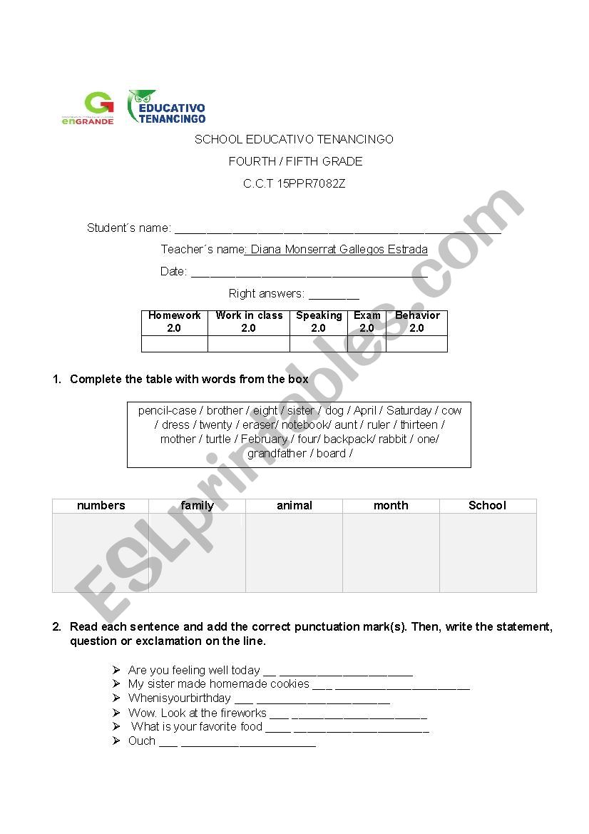 Exam worksheet