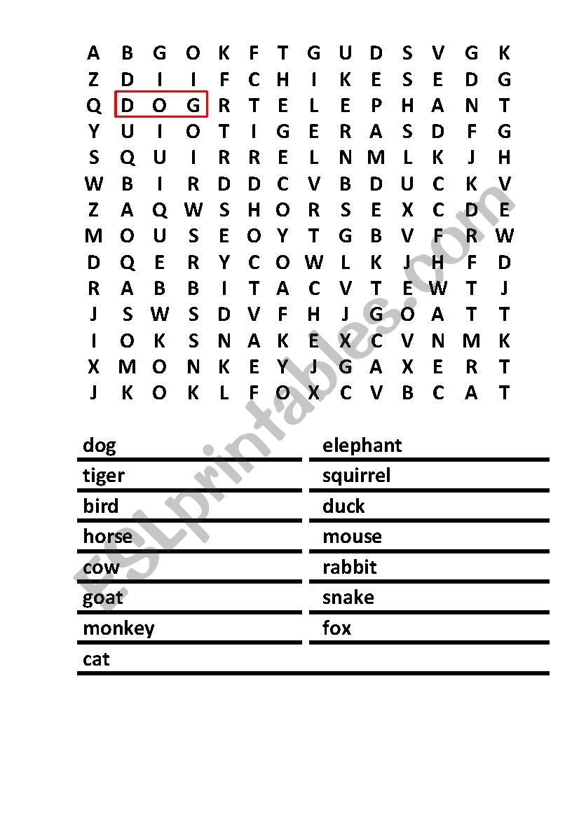 Animals word puzzle worksheet