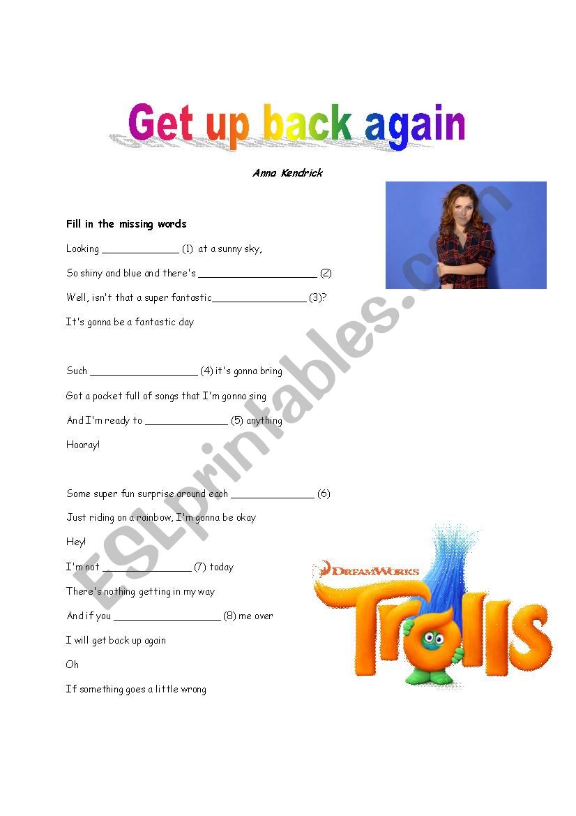 Song Worksheet Get Up Back Again Trolls Anna Kendrick Esl Worksheet By Miriam21 - troll loud music roblox id codes