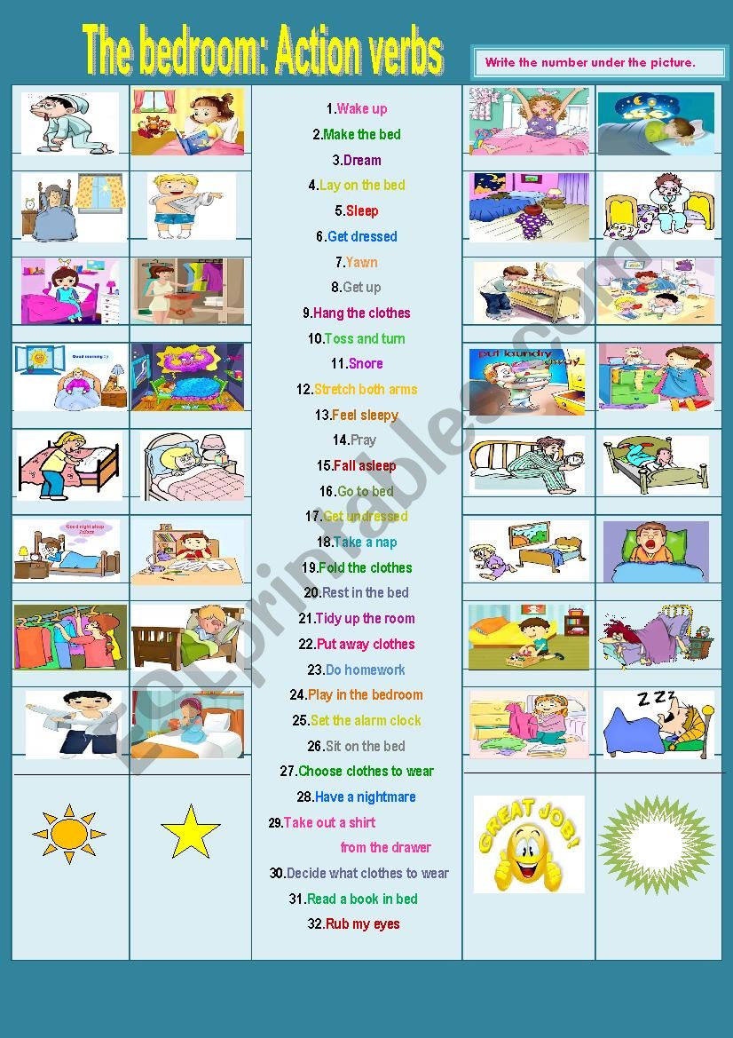 The bedroom: Action verbs used in the bedroom 