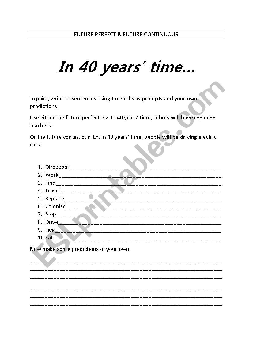 In 40 years time worksheet