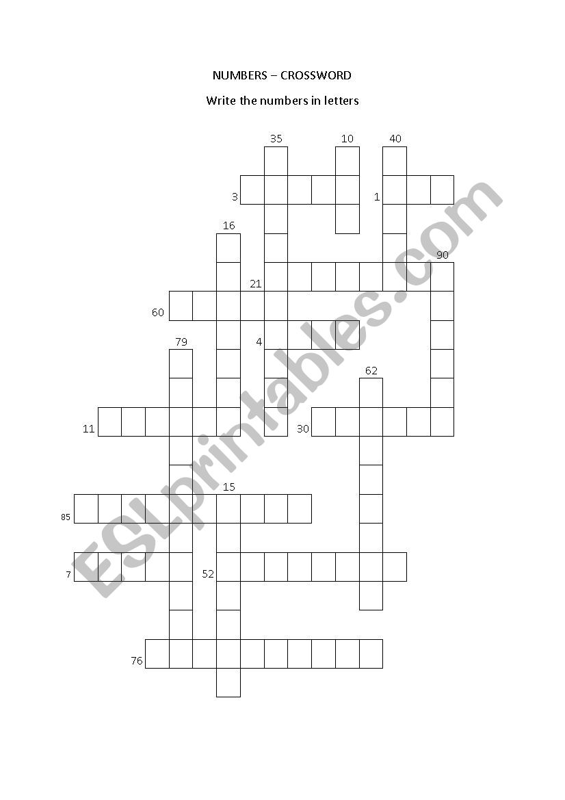 Numbers 1-100 crossword worksheet