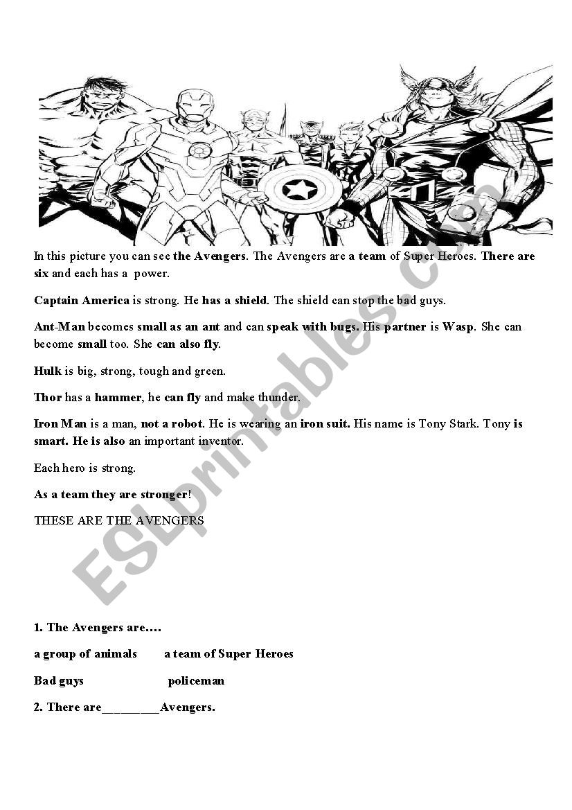 Avengers reading comprehension and puzzle. Superhero