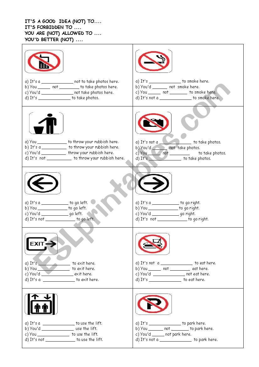 revised version ITS A GOOD  IDEA (NOT) TO....   ITS FORBIDDEN TO ....  YOU ARE (NOT) ALLOWED TO ....   YOUD BETTER (NOT) ...