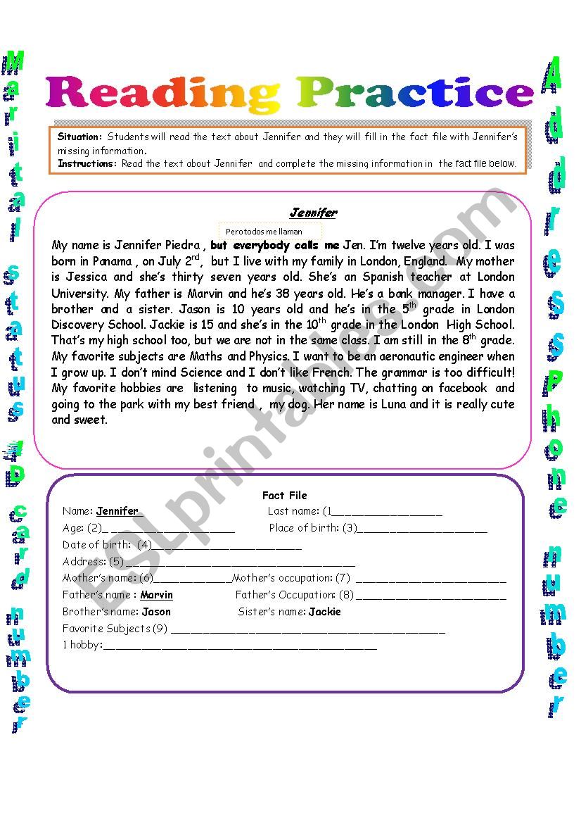 Personal information worksheet