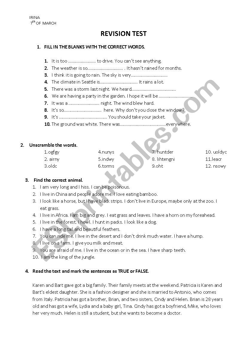 Revision test for beginners worksheet